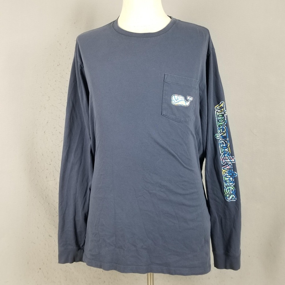 Vineyard Vines Shirt Mens XL Blue Long Sleeve Pocket Whale Graphic Cotton Tee